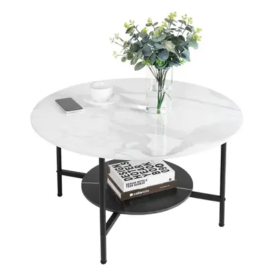 2 Tier White and Black Marble Top Coffee Tables Round 80cm