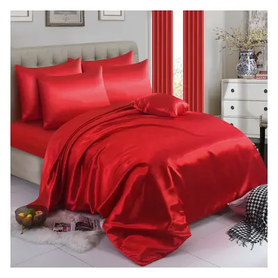 (King, Red) 6PCS SATIN BEDDING SET DUVET COVER FITTED SHEET PILLOW CASES