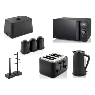 Swan Stealth Black Kettle Toaster Microwave & Kitchen Storage Set of