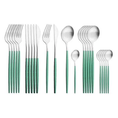 (green,silver) 24pcs Gold Matte Cutlery Set Stainless Steel Dinnerware Set Silver Knife Fork Spo