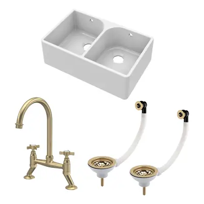 Fireclay Kitchen Bundle - Double Bowl Full Weir Butler Sink, Wastes & Bridge Crosshead Tap, 795m