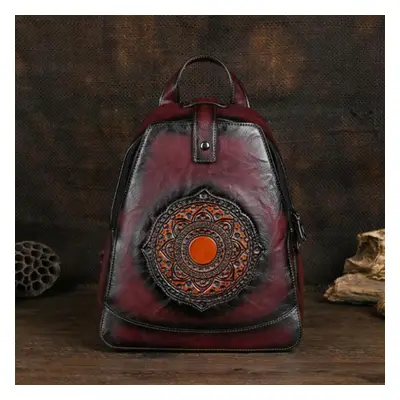 (wine red) Johnature Vintage Totem Embossed Backpack Versatile Women Leather Bag Solid Color Lar