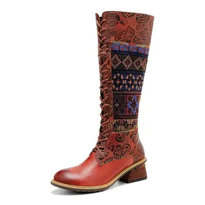 (red-brown, 40) Johnature Retro Printed Patchwork Women&apos;s Long Boots Handmade Genuine Leath