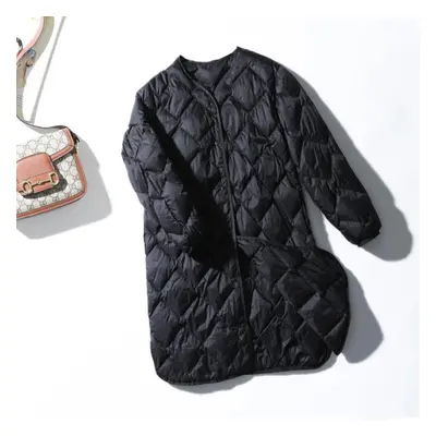 (black, XXL) Women Winter Ultra Light Thin Duck Down Coat Winter Long Slim Warm Basic Quilted Pu