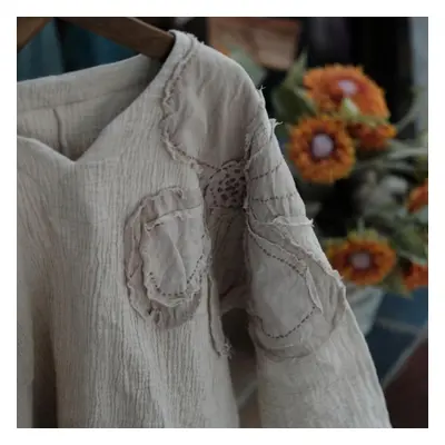 (beige, One Size) Johnature Autumn Woman Vintage Linen Embroidery Shirt Fashion V-neck Long Slee