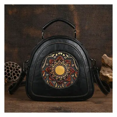 (black) Johnature Vintage Handmade Totem Embossed Women Bag Versatile Luxury Handbag Large Capac