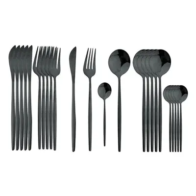 (black, 24pcs) 24pcs Black Handle Golden Cutlery Set Stainless Steel Knife Fork Spoon Tableware 