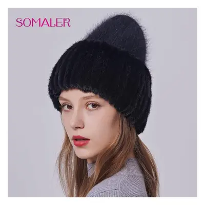 (black) Somaler Winter Angoro Wool Knit Hats With Real Mink Fur Strips Brim Cuff Beanie For Wome