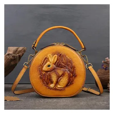 (yellow) Johnature Rabbit Embossed Handbag Genuine Leather Retro Women Bag Versatile Real Cowhid