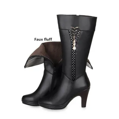 (as the picture, 40) Female Winter Shoes Women Genuine Leather High-heeled Boots Wool Lined Boot