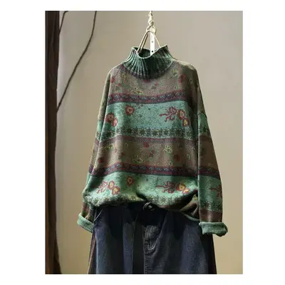 (One Size, green) Johnature Korean Vintage Floral Print Mock Neck Casual Loose Sweater Woman Aut