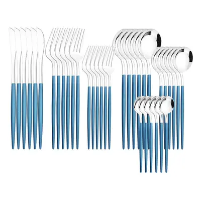 (blue,silver) 36pcs Gold Dinnerware Cutlery Set Knife Dessert Fork Coffee Spoon Tableware Wester