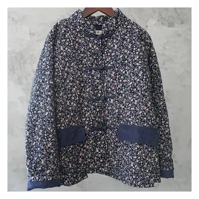 (blue,floral, One Size) Johnature Women Chinese Style Button Parkas Winter Stand Long Sleeve Pri