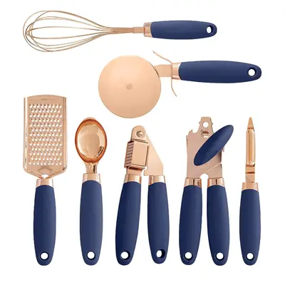 (Blue, 1) 7pcs Soft Touch Rose Gold Kitchen Utensils Set