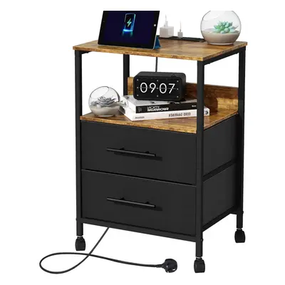 (Black, 2*Drawers) Nightstand with charging station, Nightstand with sockets and USB ports, Coff