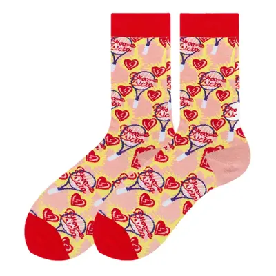 (Red) Unisex Japan Style Creative Illustration Patchwork Color Cute Couple Tube Socks