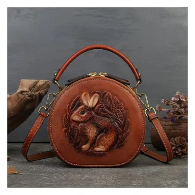 (brown) Johnature Rabbit Embossed Handbag Genuine Leather Retro Women Bag Versatile Real Cowhide