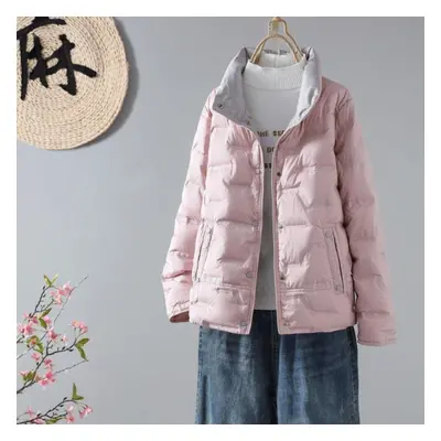 (pink, S) Women Winter Stand Collar Long Sleeve Solid Color Single Breasted Loose Pocket Casual 