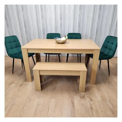 Wooden Dining Table Set for Oak Effect Table With Green Velvet Chairs and Bench