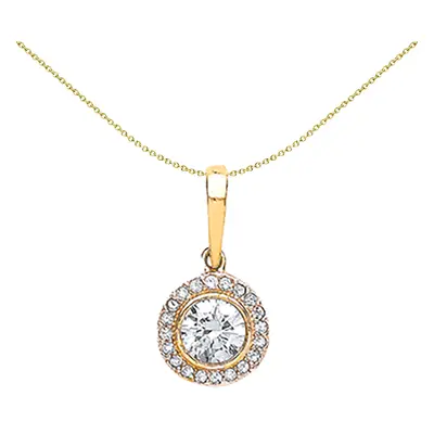 Jewelco London Ladies Yellow 9ct Gold CZ Solitaire Halo Pendant Necklace inch - G9P6005