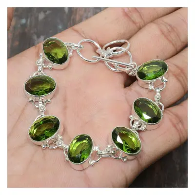 (green, Inches) Peridot Gemstone Solid Sterling Silver Handmade Bracelet For Thanksgiving