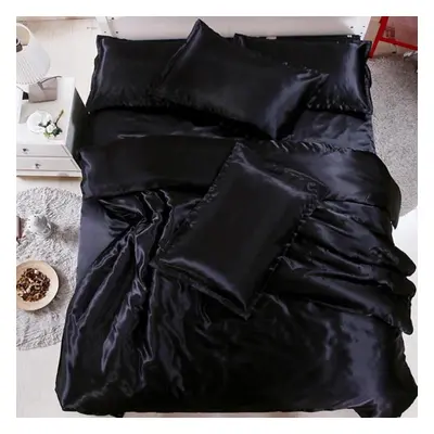 (black, 2.2 x 2.4(4 pcsï¼) Solid Color Bedclothes Black Silk Bedding Home Textile Bedclothes