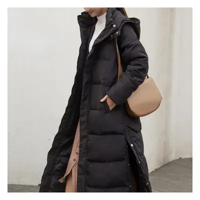 (black, XL) Winter Jacket Women X-long Thicken Down Coat With A Hood Straight Elegant Outerwear 