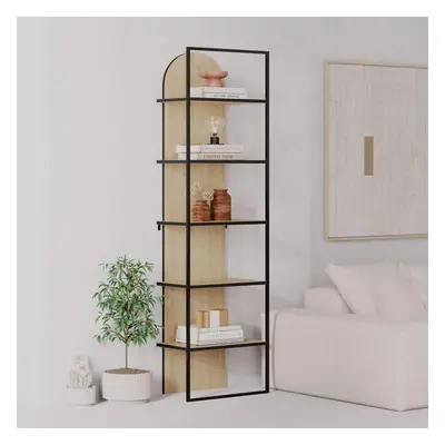 FWStyle Natural Oak Modern Black Metal Frame Bookcase Shelving Unit Tier