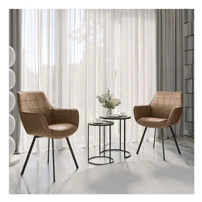 (2, Cuoio) Tuscany Faux Leather Tub Dining Chairs Grid Stitching with Metal Legs Living Room