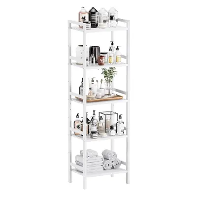 (White) White Bookshelf, Adjustable Bamboo Bookcase, 5-Tier Tall Book Shelf