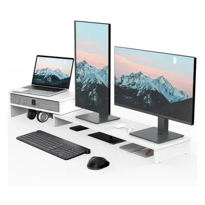 (White) Dual Monitor Stand with Drawer Computer Monitor Stand Riser - Shelf with Adjustable Leng