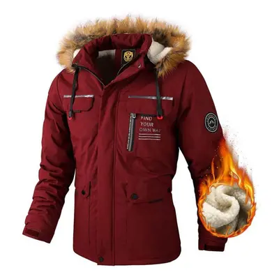 (burgundy, 2XL) Outdoor Men&apos;s Padded Thickened Casual Jacket Parker Coat Fall And Winter Wa