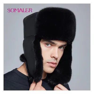 (black, M) Somaler Winter Earflap Hats For Men Mink Fur Hats Fur Protect Ears And Neck Ushanka G