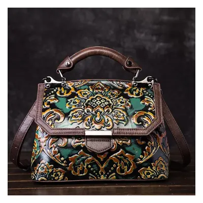 (green, 26cm*13cm*20cm) Genuine Leather Handbags Flower Embossing Vintage Shoulder Bags For Wome