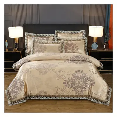 (Double, Champagne Gold) Bed Sheet Bedspread Jacquard Bedding Lace Gold Sheet Set Jacquard Bed S