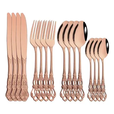 (rose gold) 16pcs Royal Gold Dinnerware Mirror Polish Stainless Steel Tableware Knife Fork Spoon