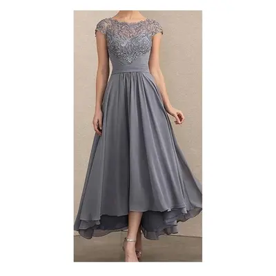 (grey, XXXL) Women Lace Short Sleeves Pleat Bridal Bride Bridesmaids Host Wedding Long Dress Par