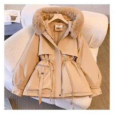 (khaki, L) Women Autumn Winter Fur Collar Long Sleeve Solid Color Drawstring Parka Hooded Chic W