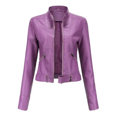 (violet, M) Women&apos;s Short Small Coat Spring Autumn Stand Collar Long Sleeve Thin Leather Ja