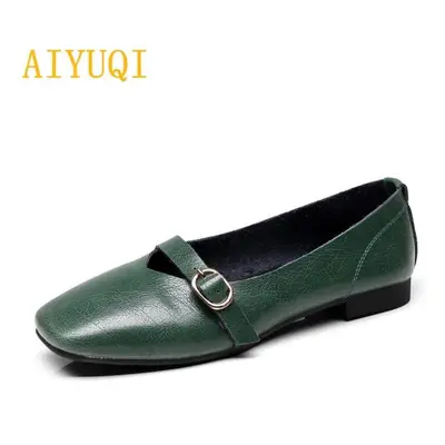 (green, 35) Women Flat Shoes Spring New Genuine Leather Women Casual Shoes Large Size Comfortabl