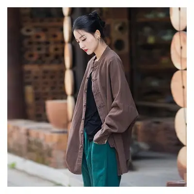 (One Size, coffee) Johnature Women Chinese Style Linen Shirts Tops Stand Long Sleeve Blouses Spr