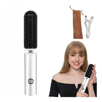 (White) In Hair Straightener Brush Electric Hair Straightening Comb Cordless Hair Curler