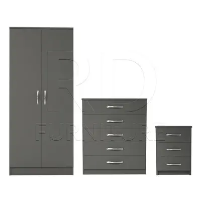 Ready assembled Pcs Classic Door Wardrobe, Chest And Bedside Set Grey