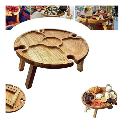 Wooden Outdoor Folding Picnic Table With Glass Holder Round Foldable Desk Wine Glass Rack Collap