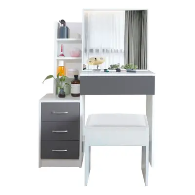 ((Grey + White)) Dressing Table With Drawers Mirror Stool Set Makeup Desk Vanity Table Bedroom