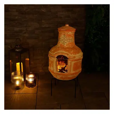 Charles Bentley Small Terracotta Clay Chimenea BBQ Grill with Artisan Design Rain Lid & Stand