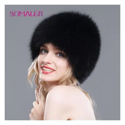 (black) Somaler Real Full Fox Fur Bomer Caps For Women Winter Knitted Fur Hats Wool Lining Warm 