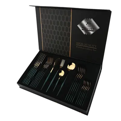 (green,gold, 24pcs with box) Luxury 24pcs Rose Gold Dinnerware Set Knife Fork Spoon Cutlery Set 