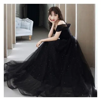 (black, L) Women&apos;s Banquet Evening Dress Adults&apos; Ceremony Host Long One Shoulder Hangi