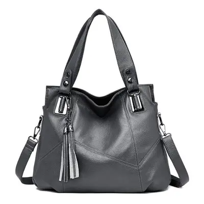 (gray) Women Bag Leather Cowhide Tassel One Shoulder Bag Women Fashion Soft Leather Messenger Ba